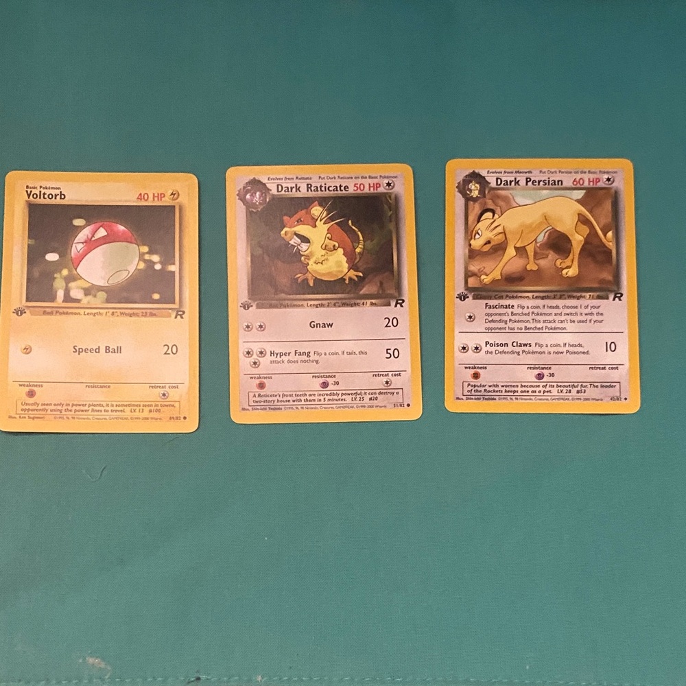 Pokemon vintage  1st edition Dark Raticate, Dark Persian & Voltorb Cards